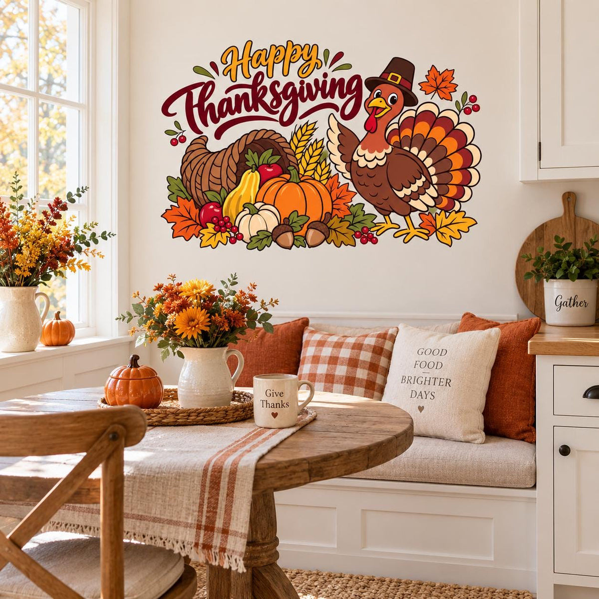 Thanksgiving cornucopia wall sticker above a white window bench and wooden dining table.