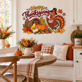 Thanksgiving cornucopia wall sticker above a white window bench and wooden dining table.