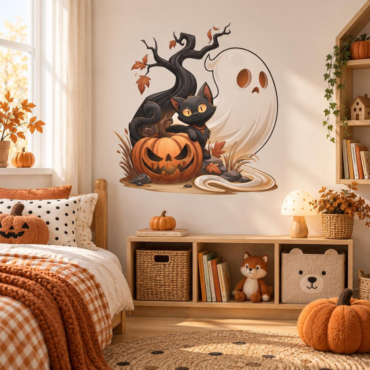 Haunted tree, black cat and pumpkin wall decal above a child's bed and low bookcase.