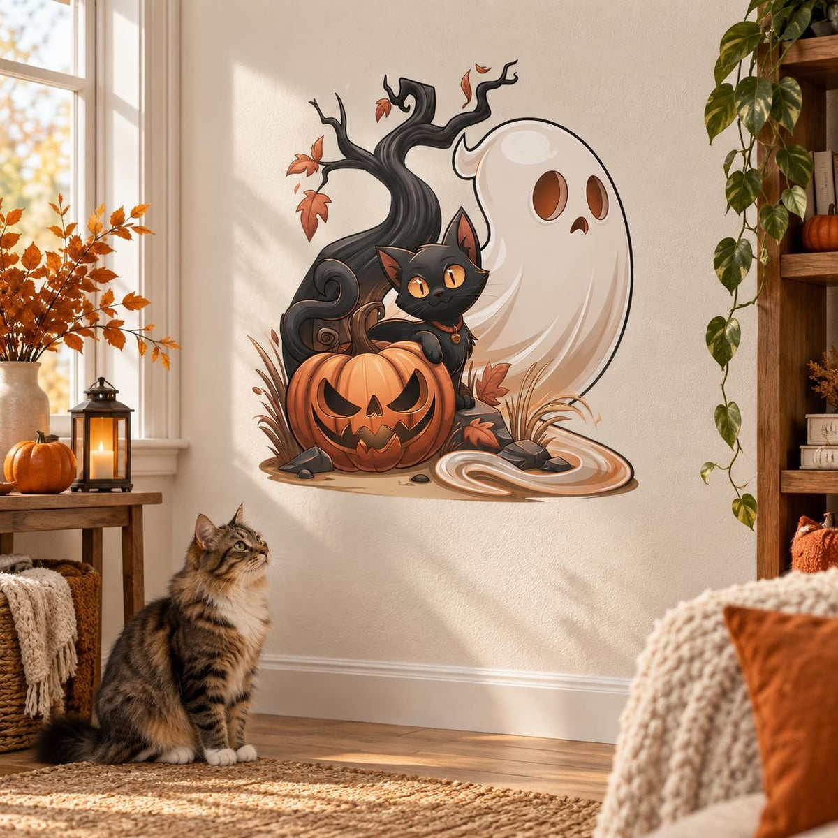Black cat, ghost and twisted Halloween tree wall decal above a rug with a seated tabby cat.