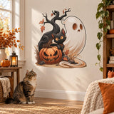Black cat, ghost and twisted Halloween tree wall decal above a rug with a seated tabby cat.