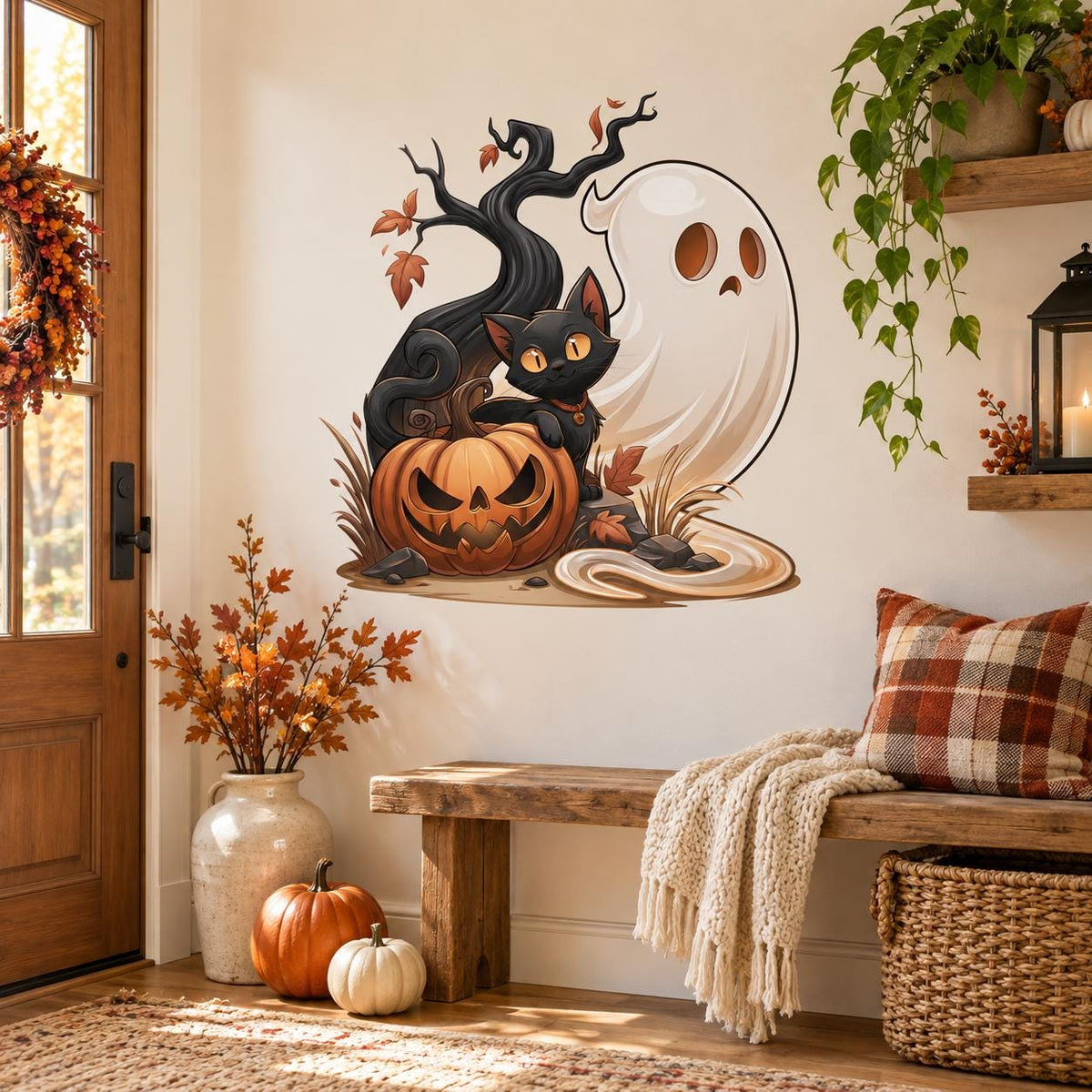 Haunted tree and pumpkin wall decal by an entryway bench, blankets and fall flowers.