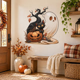 Haunted tree and pumpkin wall decal by an entryway bench, blankets and fall flowers.