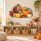 Harvest turkey wall decal above wicker storage baskets and wooden toy shelves.