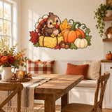 Thanksgiving turkey and pumpkin wall sticker above a rustic wooden dining table.