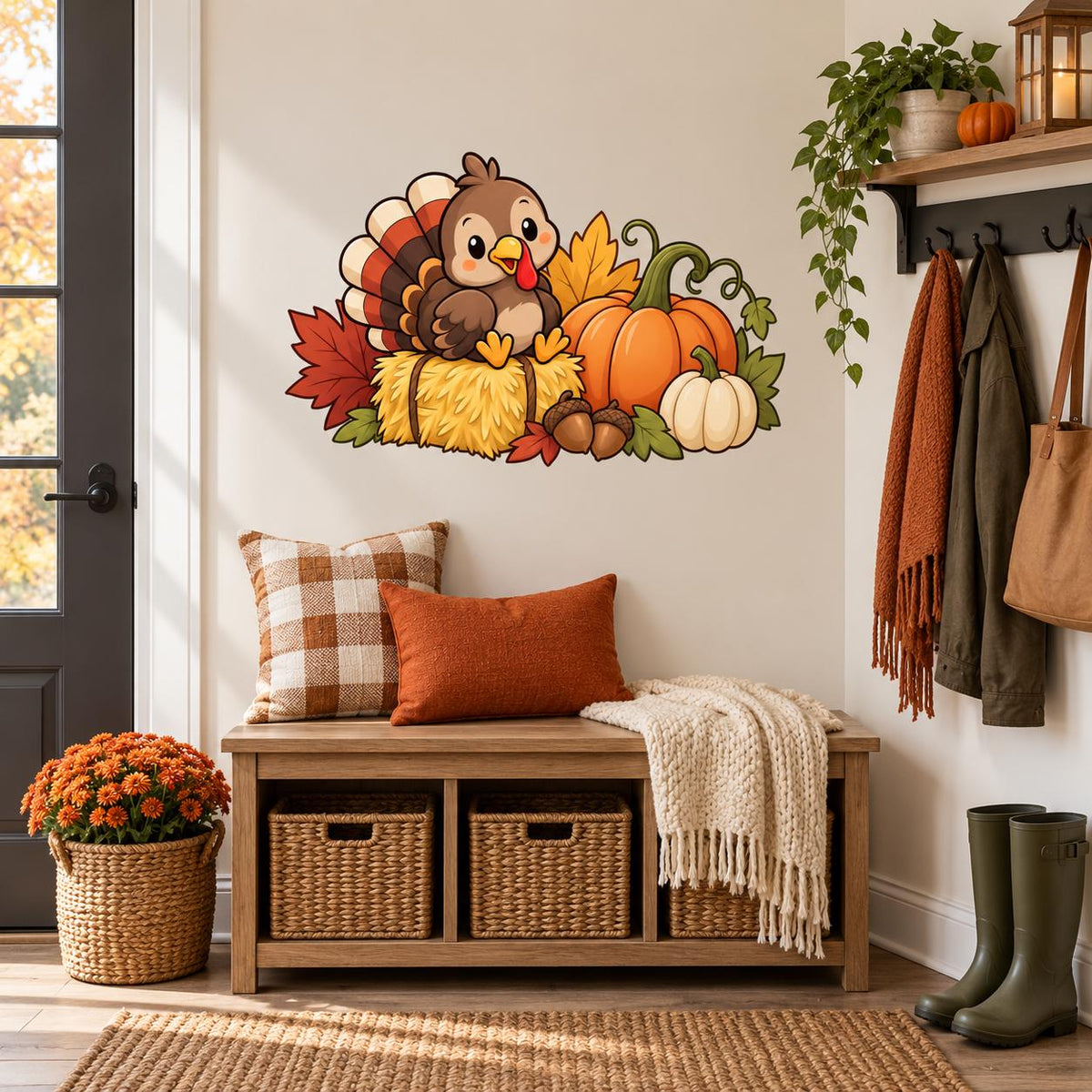 Cute turkey on straw and pumpkins wall decal above a hall bench with autumn plaid pillows.