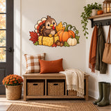 Cute turkey on straw and pumpkins wall decal above a hall bench with autumn plaid pillows.
