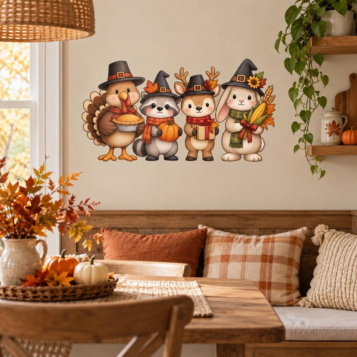 Thanksgiving woodland animals wall decal above a dining nook with a wooden table and autumn table decor.