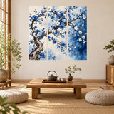 Blue and white blossom tree wall decal in three panels above a low tea table in a Japanese-style room.