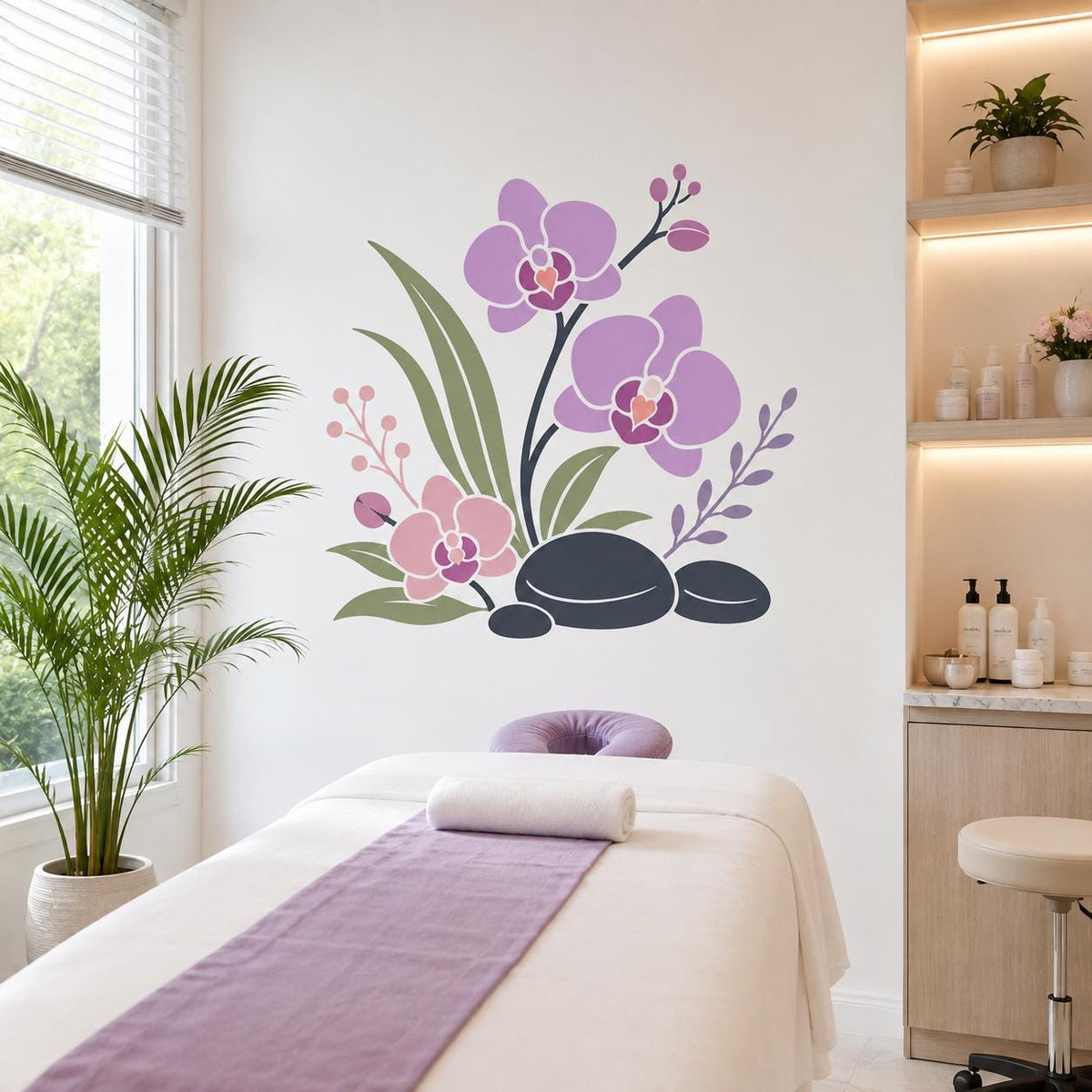 Purple orchid and black stone wall decal above a spa massage table with lilac linens and potted plants.