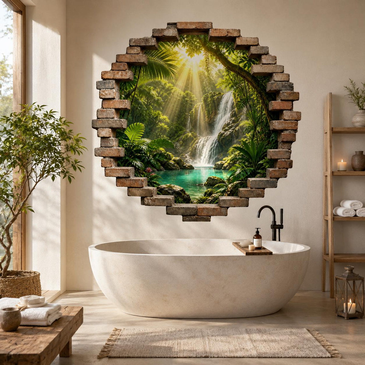 Tropical waterfall and brick opening wall decal above a freestanding bathtub in a bright bathroom.