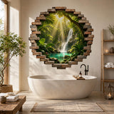 Tropical waterfall and brick opening wall decal above a freestanding bathtub in a bright bathroom.