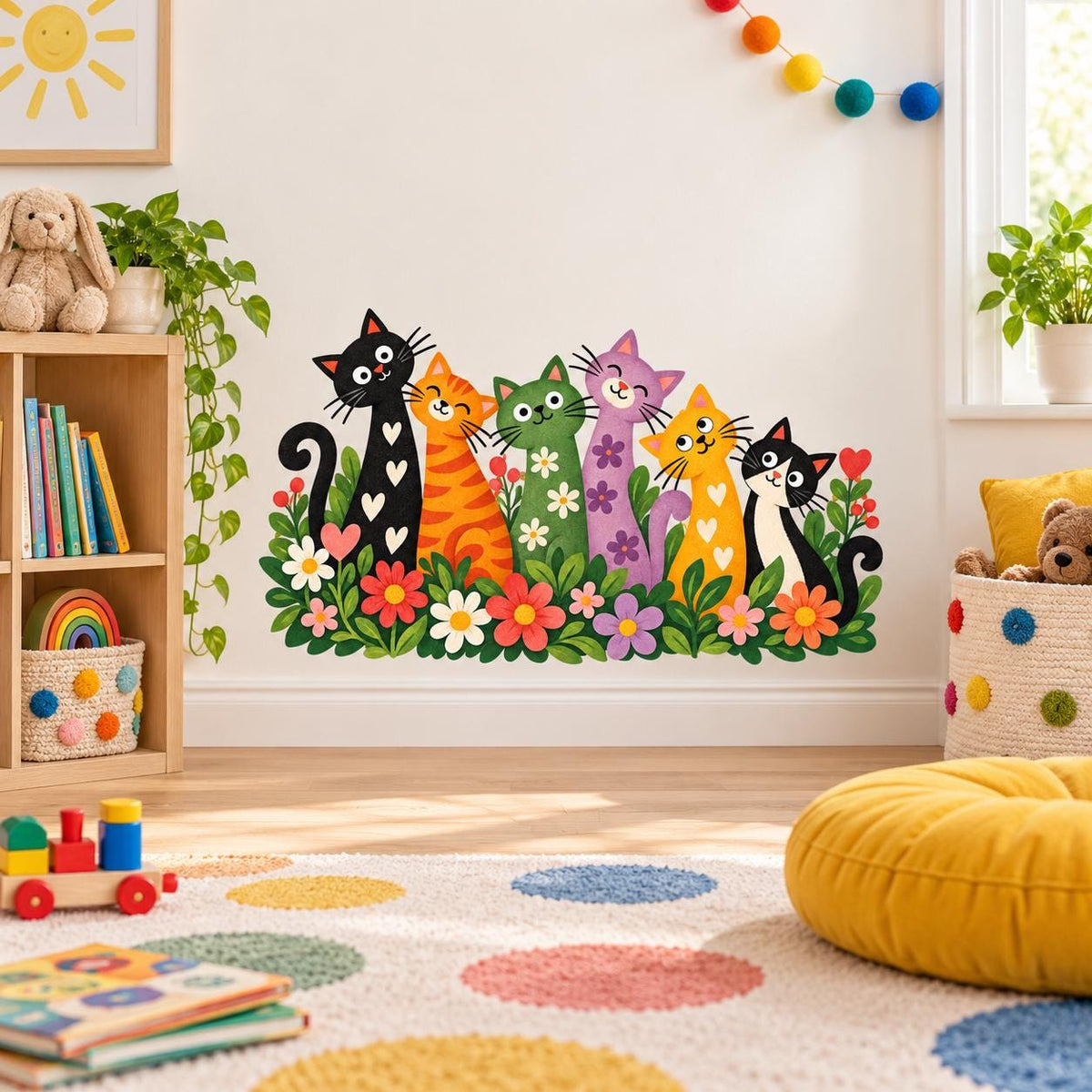 Six cartoon cats surrounded by bright flowers on a nursery wall near bookshelves and a yellow pouf.