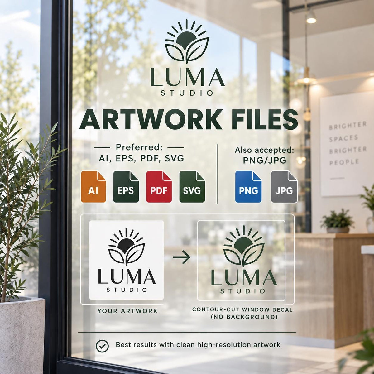 Window branding vinyl with customer provided lettering or logo design for smooth glass.