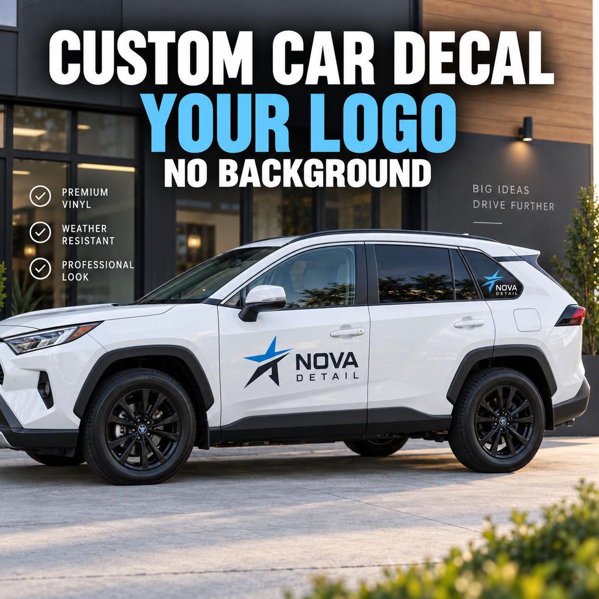 White SUV with blue and black NOVA DETAIL custom business logo vinyl decal on the side door and smaller logo on rear window.