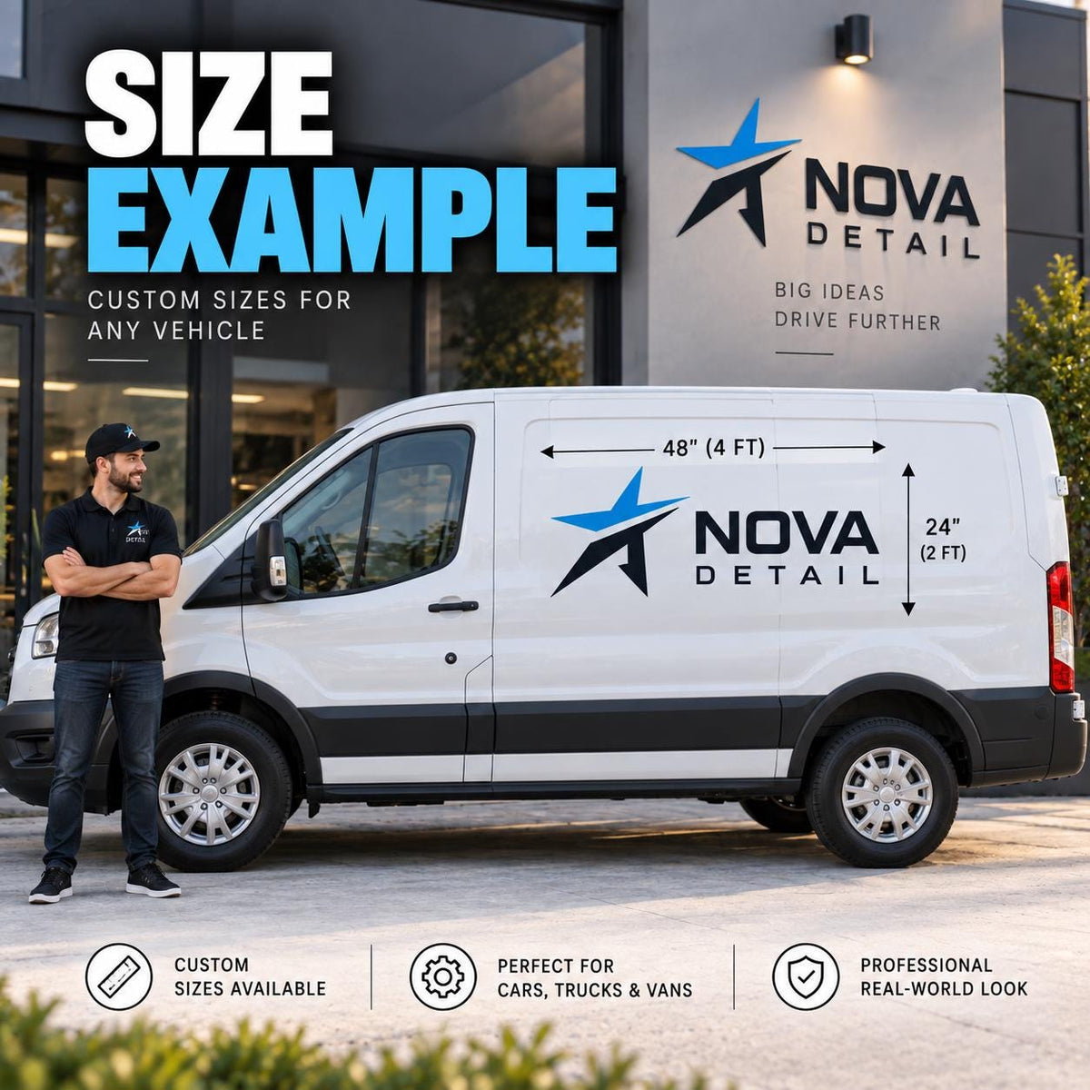Custom vehicle logo decal size example on a white work van: blue and black NOVA DETAIL graphic measuring 48 by 24 inches.
