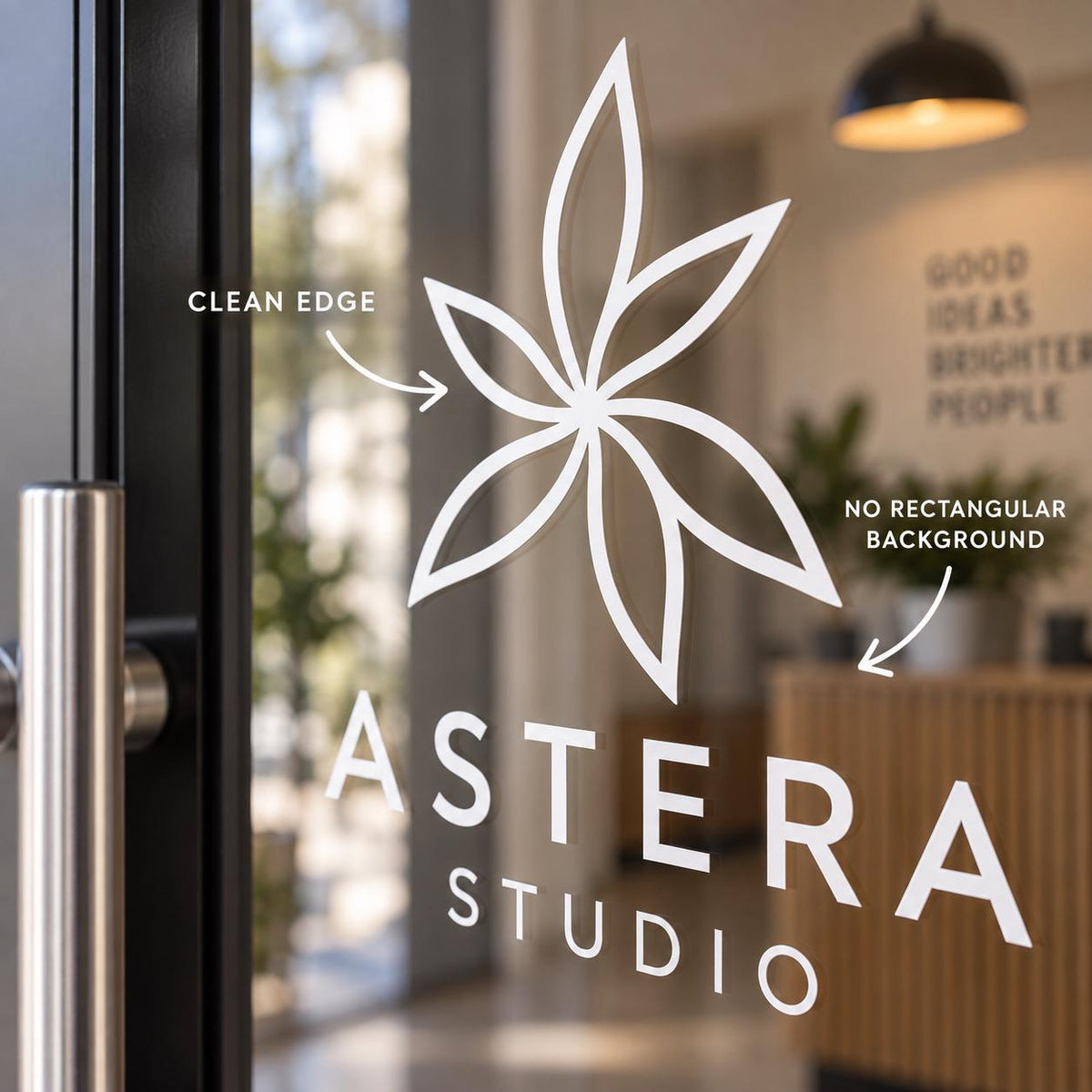 Personalized vinyl lettering and business logo for door branding with contour cut edges.