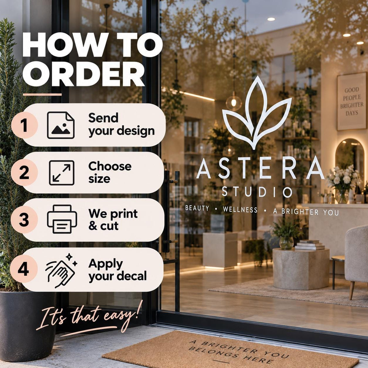 How to order a custom storefront window decal: send your design, choose a size, have it printed and cut, then apply it to glass.