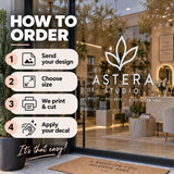 How to order a custom storefront window decal: send your design, choose a size, have it printed and cut, then apply it to glass.