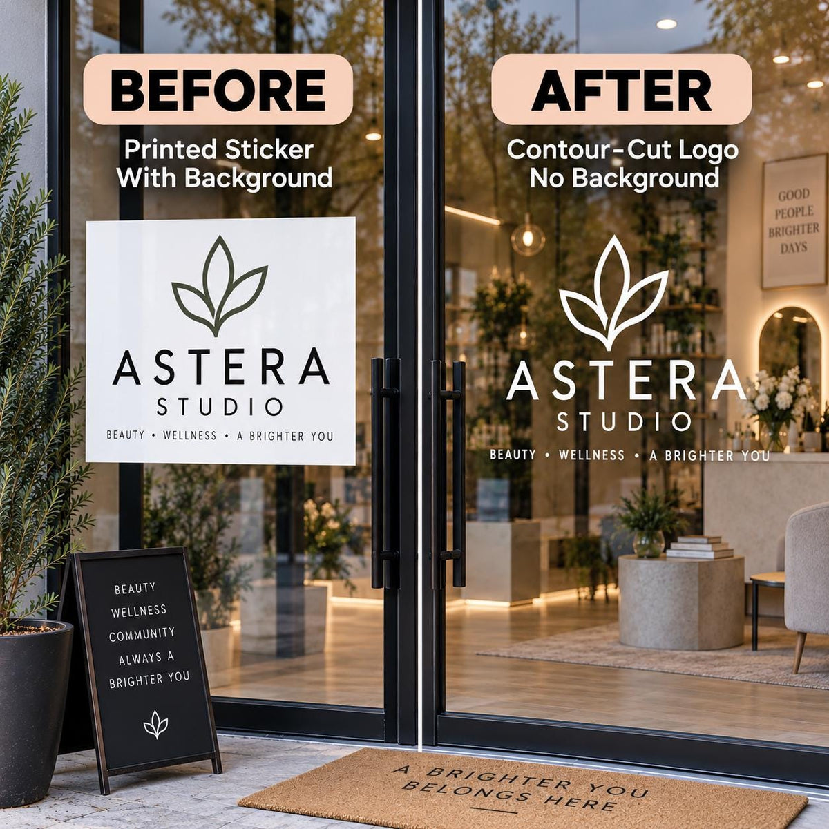 Before and after storefront glass decal comparison: printed logo with white backing versus contour-cut white vinyl lettering without backing.