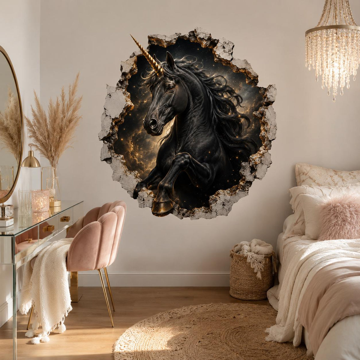 Black unicorn head emerging from a cracked dark stone wall decal above a white vanity and pink chair.