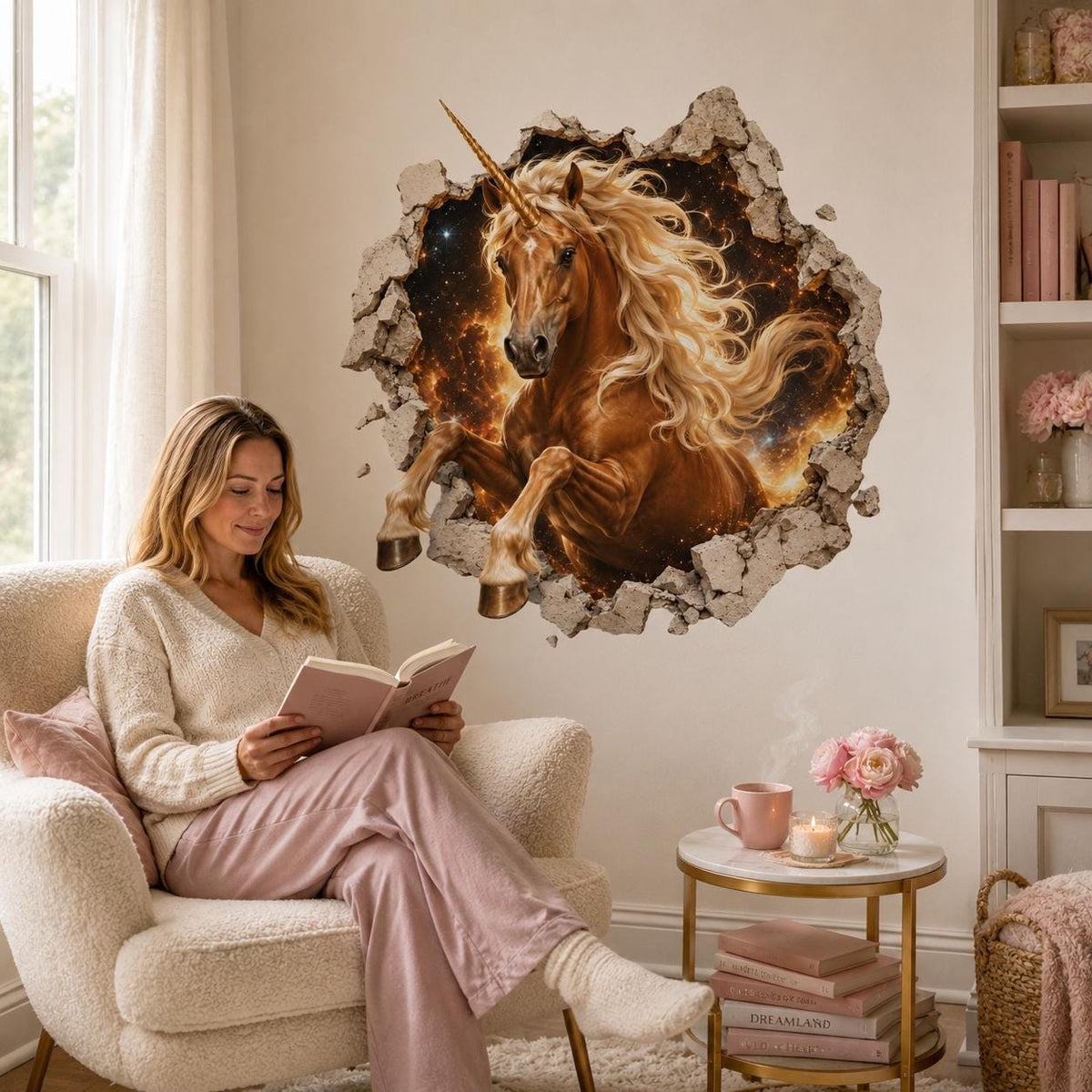 Woman reading below a golden unicorn breaking through a glowing cracked-wall illusion.