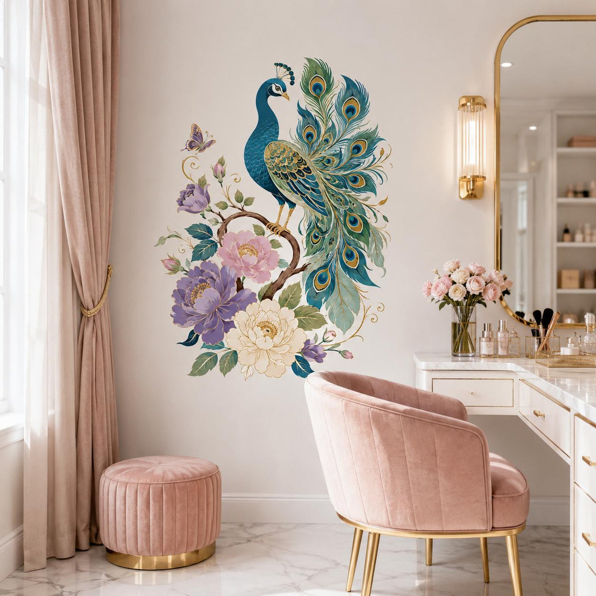 Floral peacock wall decal beside a white vanity, pink upholstered chair and arched mirror.