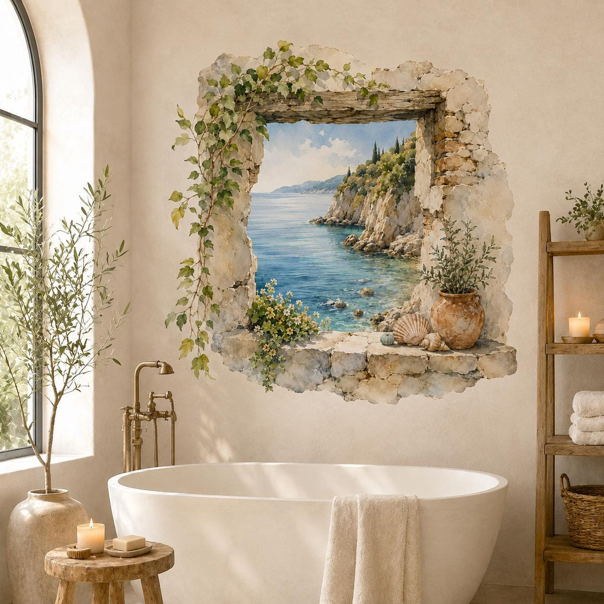 Seaside stone window wall decal above a freestanding white bathtub in a bright bathroom.