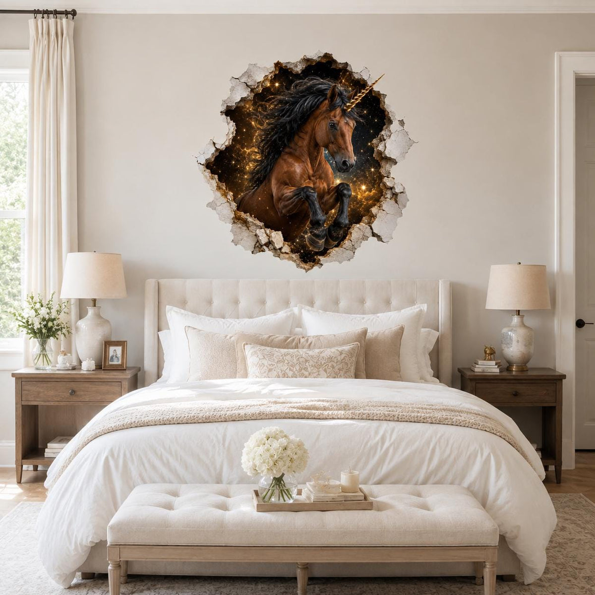 Brown unicorn wall mural bursting through a gold-speckled stone portal above a white double bed.