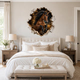 Brown unicorn wall mural bursting through a gold-speckled stone portal above a white double bed.