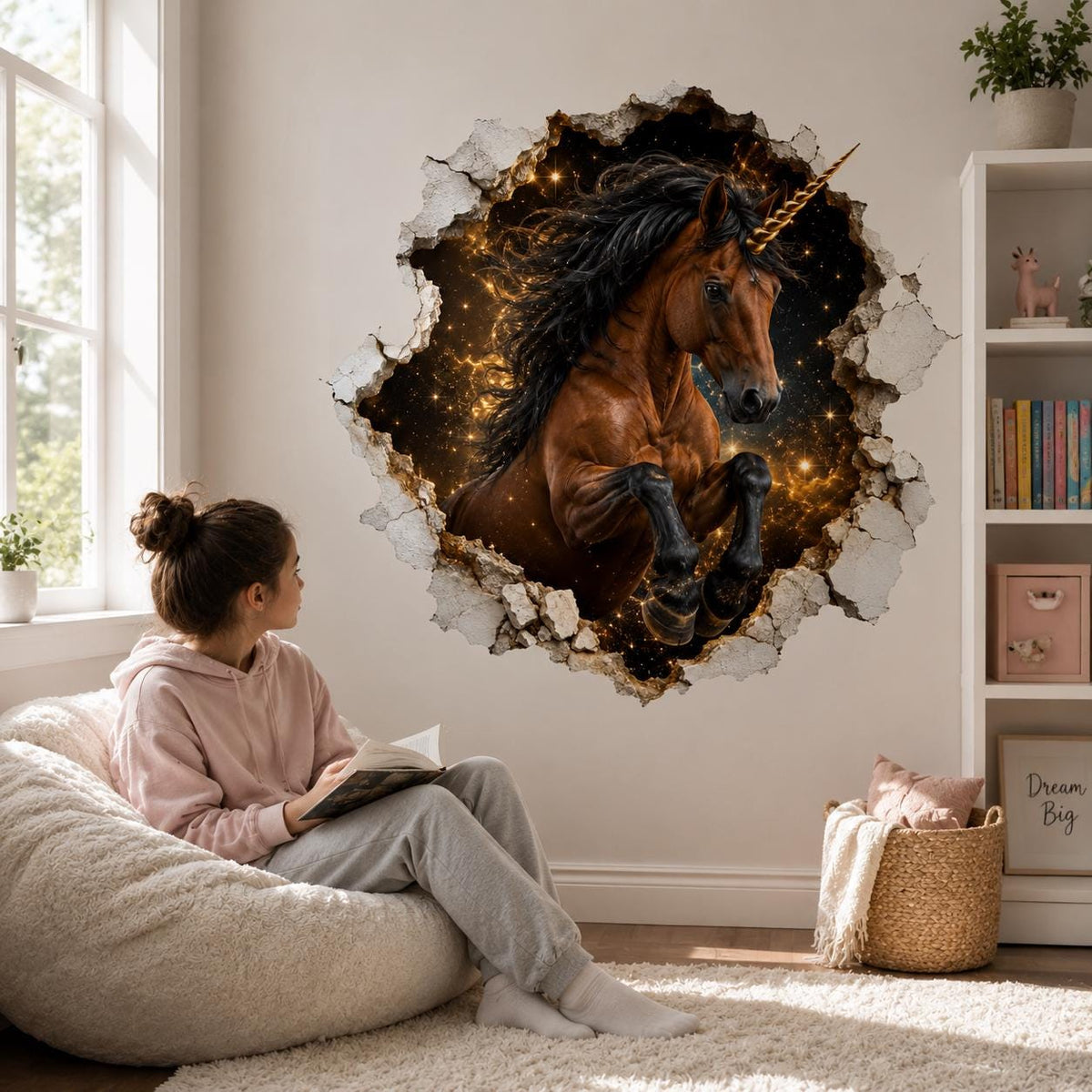 Woman reading on a soft chair beneath a rearing brown unicorn wall sticker with a cosmic background.