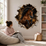 Woman reading on a soft chair beneath a rearing brown unicorn wall sticker with a cosmic background.
