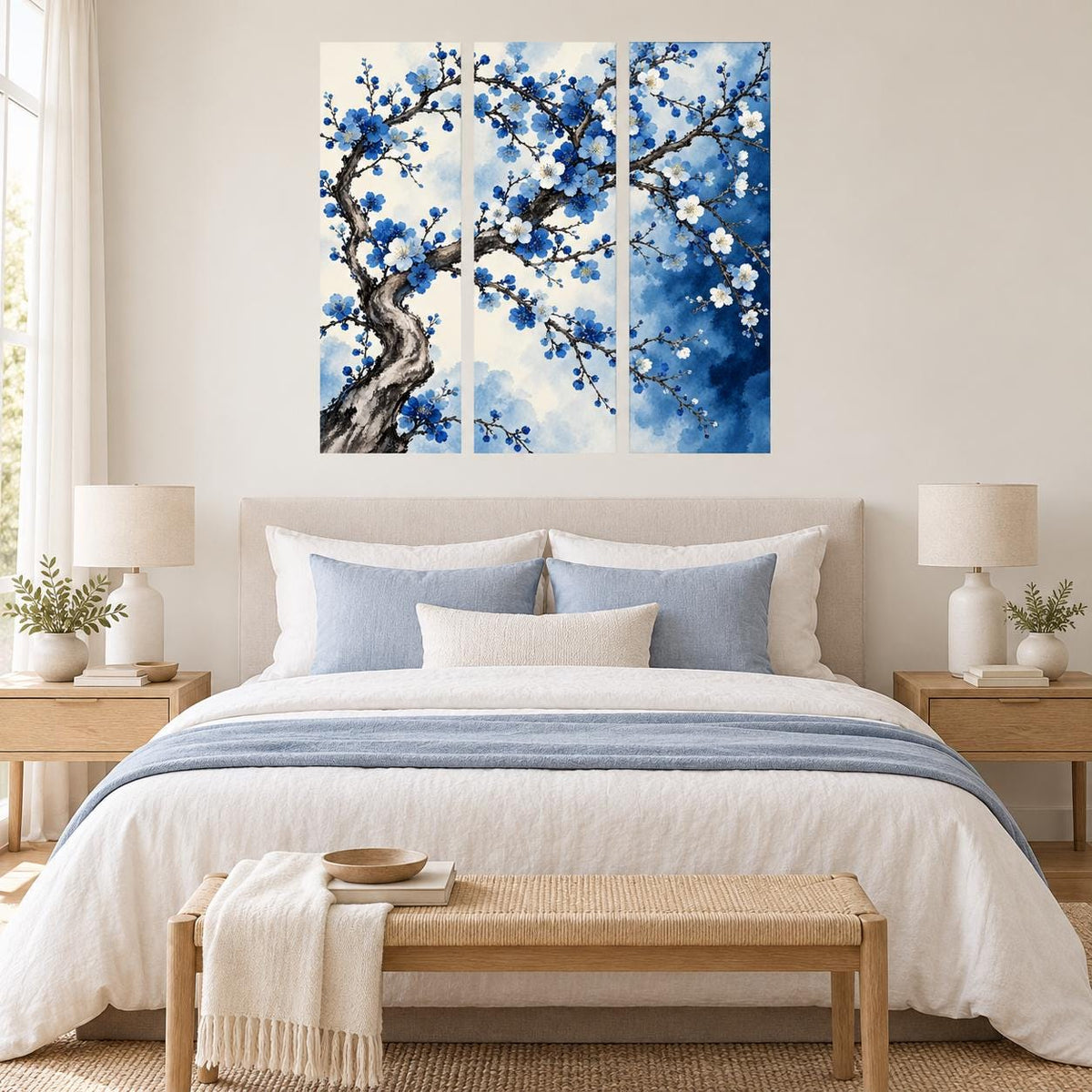 Blue flower triptych wall sticker above a pale wooden bed with blue cushions and bedside lamps.