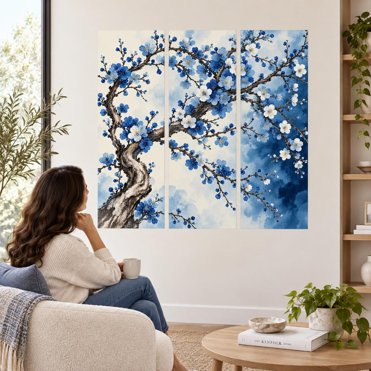 Woman seated in an armchair looking toward a blue flowering tree wall decal in three panels.