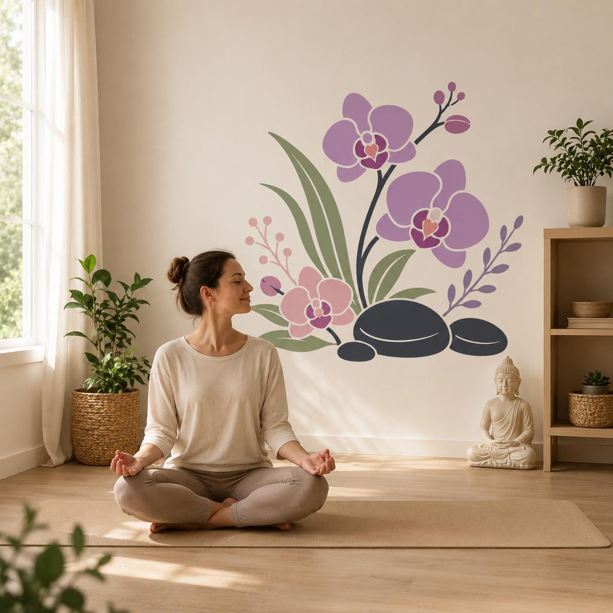 Woman meditating on a yoga mat beneath a purple orchid and stone wall decal in a bright wellness room.