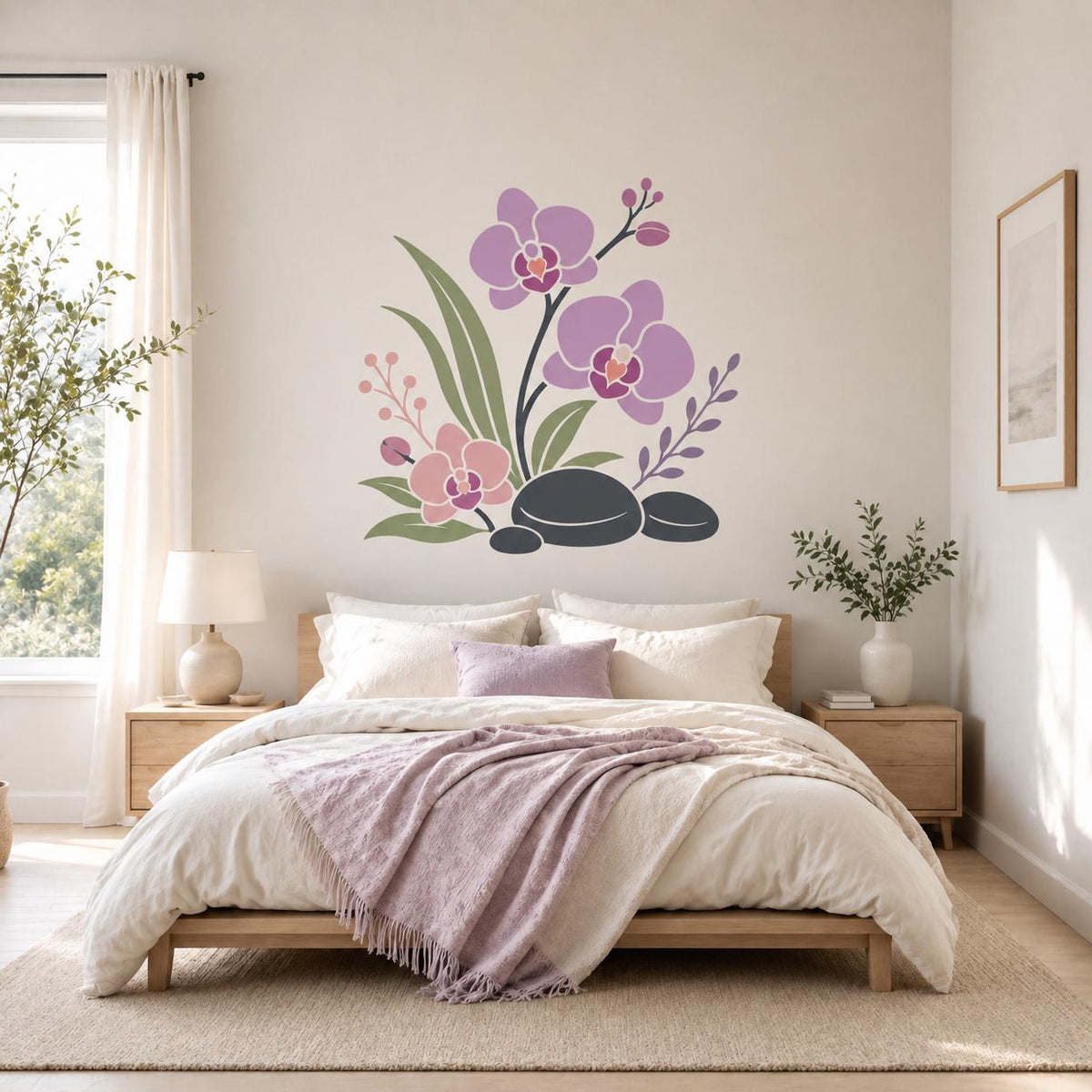 Purple orchid wall decal above a neutral bed with lavender blanket in a softly lit bedroom.