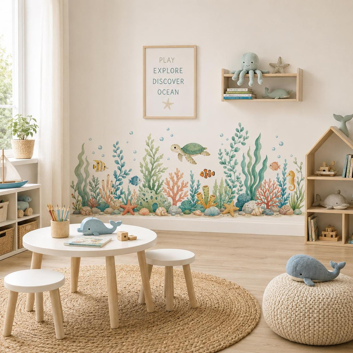 Watercolor sea turtle, fish and coral wall decals above a small table and woven rug in a bright playroom.
