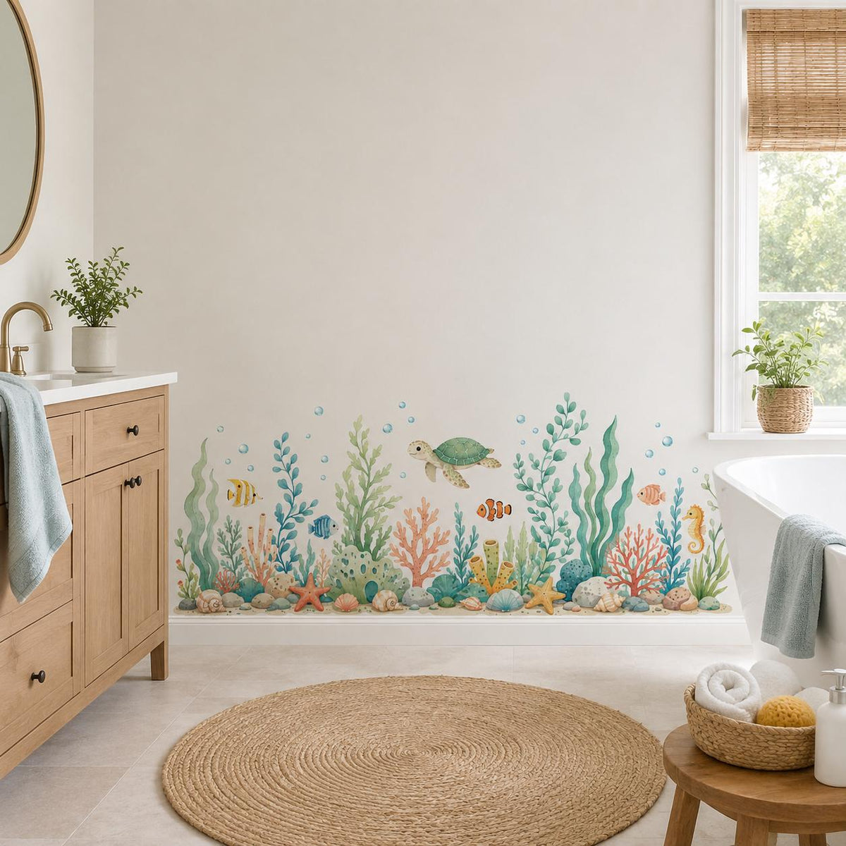 Watercolor sea turtle and seaweed wall decal in a bathroom beside a wooden vanity and white towels.
