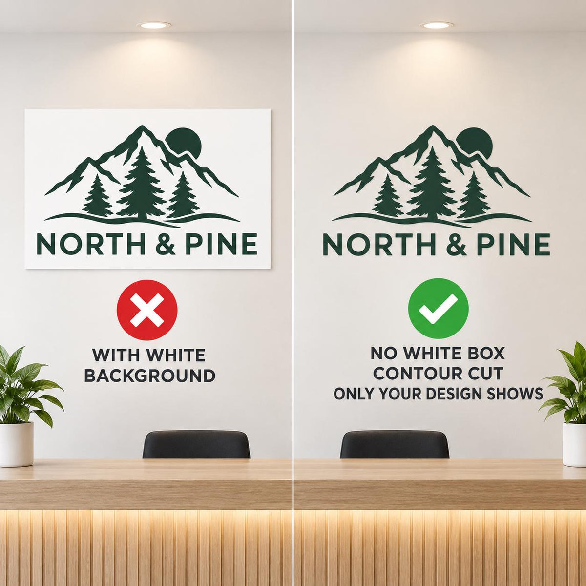 Comparison of a North & Pine logo with a white rectangular backing versus a contour-cut green vinyl wall decal without backing.