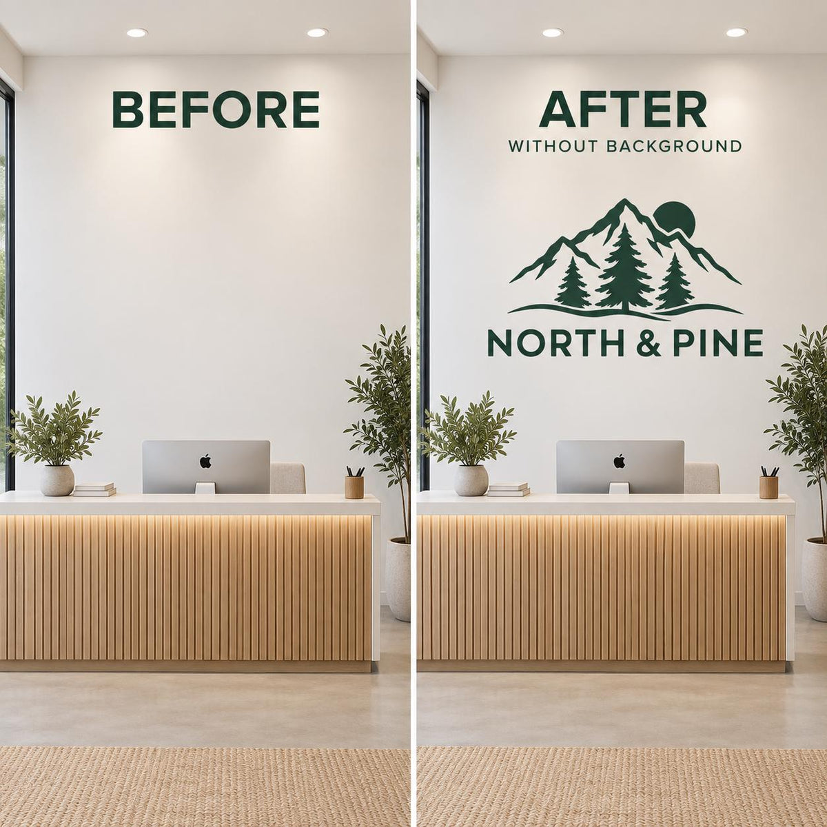 Before and after office wall showing a green North & Pine mountain and pine tree logo decal added above a wooden reception desk.