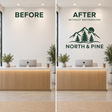 Before and after office wall showing a green North & Pine mountain and pine tree logo decal added above a wooden reception desk.