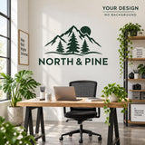Large green North & Pine mountain and pine tree logo vinyl wall decal displayed above a desk in a bright office.