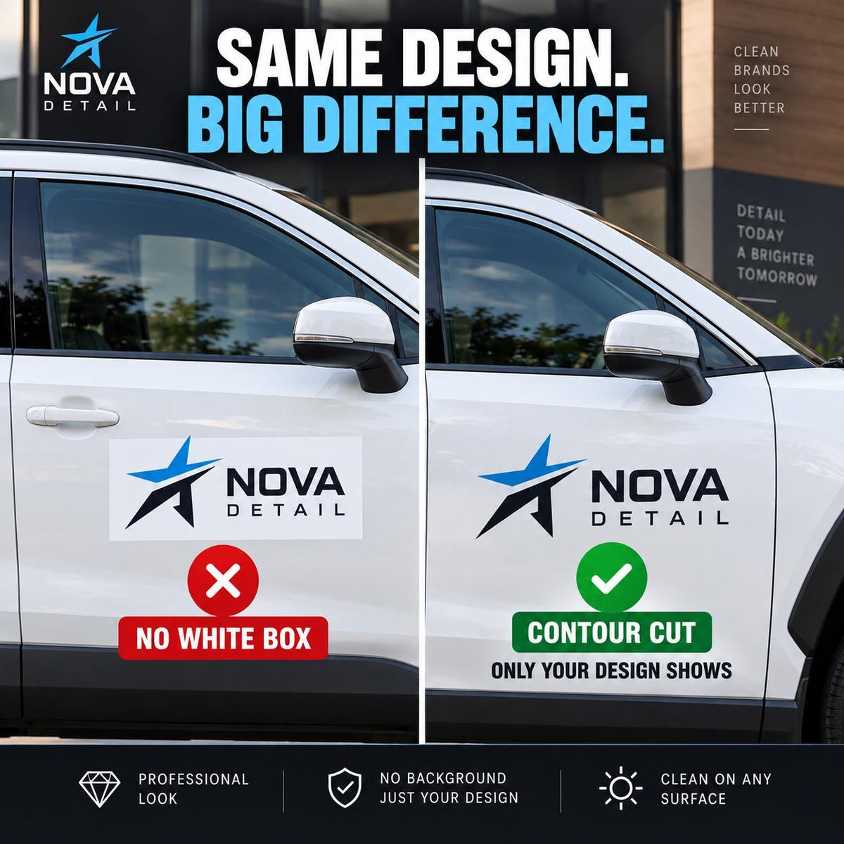 Custom car decal comparison showing a blue and black NOVA DETAIL logo on a white SUV door with and without a white rectangular background.