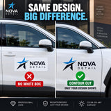 Custom car decal comparison showing a blue and black NOVA DETAIL logo on a white SUV door with and without a white rectangular background.