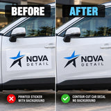Before and after comparison of a NOVA DETAIL car door logo sticker with white backing versus a contour-cut vinyl decal.