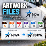 Custom car vinyl decal artwork guide showing AI, EPS, PDF and SVG file formats plus high-resolution PNG and JPG options.