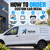 Four steps to order a custom car decal: upload your design, choose size, print and contour cut, then apply it to the vehicle.