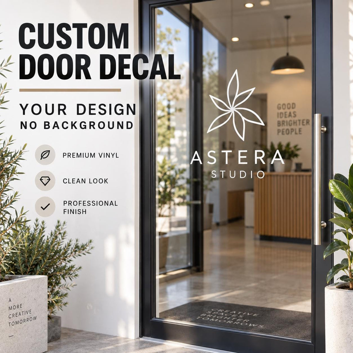 Door branding sticker featuring customer supplied logo and lettering on contour cut vinyl.