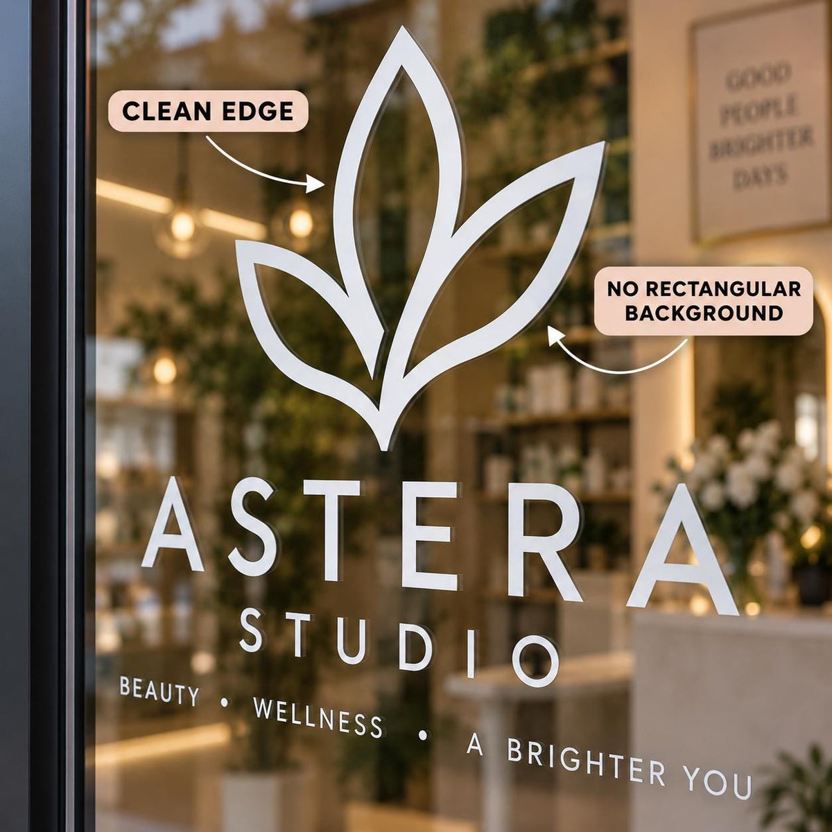 Close-up of a white ASTERA STUDIO contour-cut vinyl logo on storefront glass, with clean edges and no rectangular background.