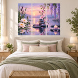 Relaxing lotus pond wall art depicting purple wisteria, flowering branches and candles surrounding water lilies.